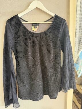 Temptations Black Sheer Burnout Paisley Long-Sleeve Blouse
